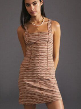 BY ANTHROPOLOGIE Squareneck Slim Mini Dress, Brown/White Pattern Women's Size 10